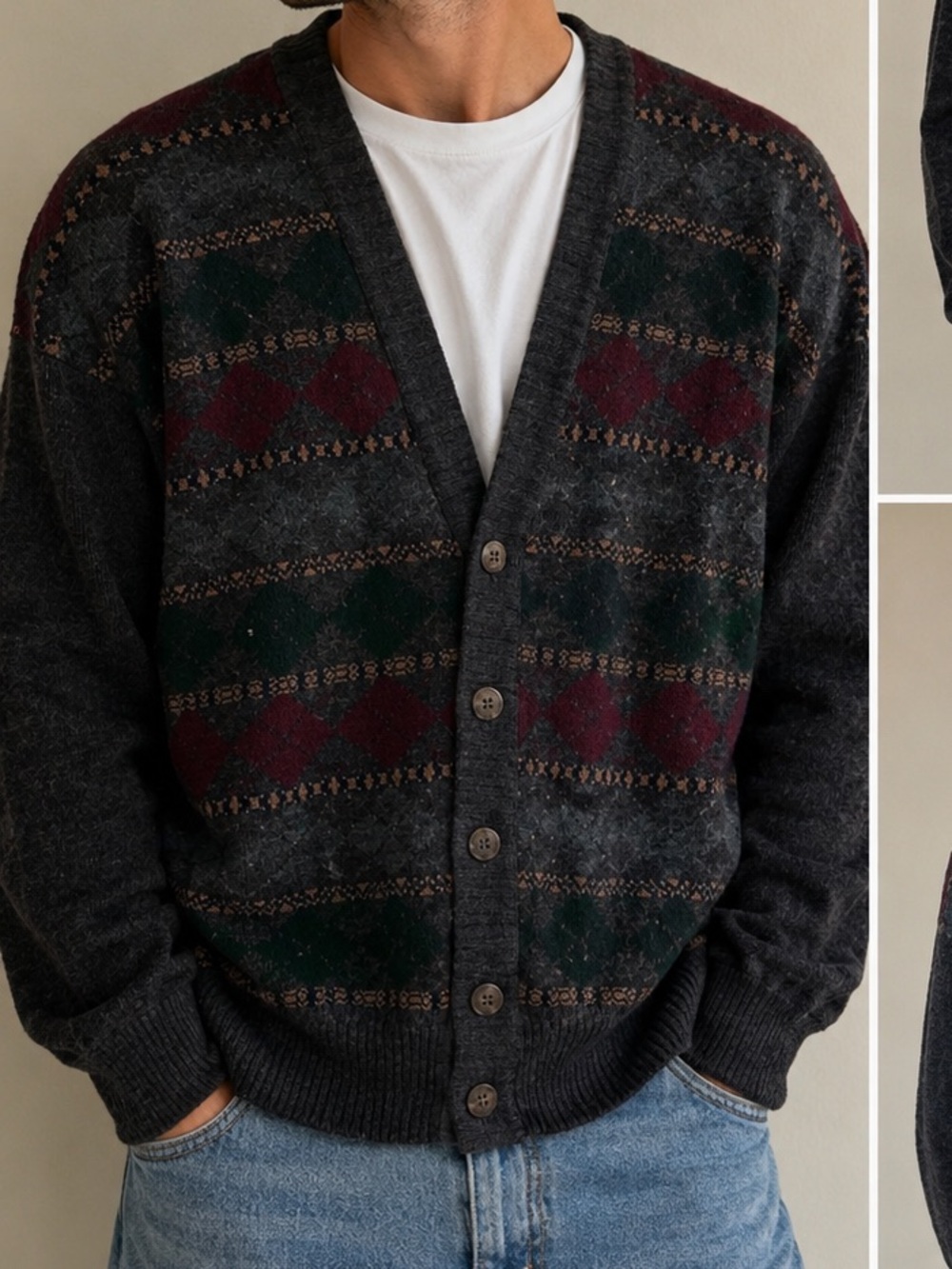 Vintage The Italian Sweater Co Cardigan M Made in Italy Argyle Grandpa Sweater